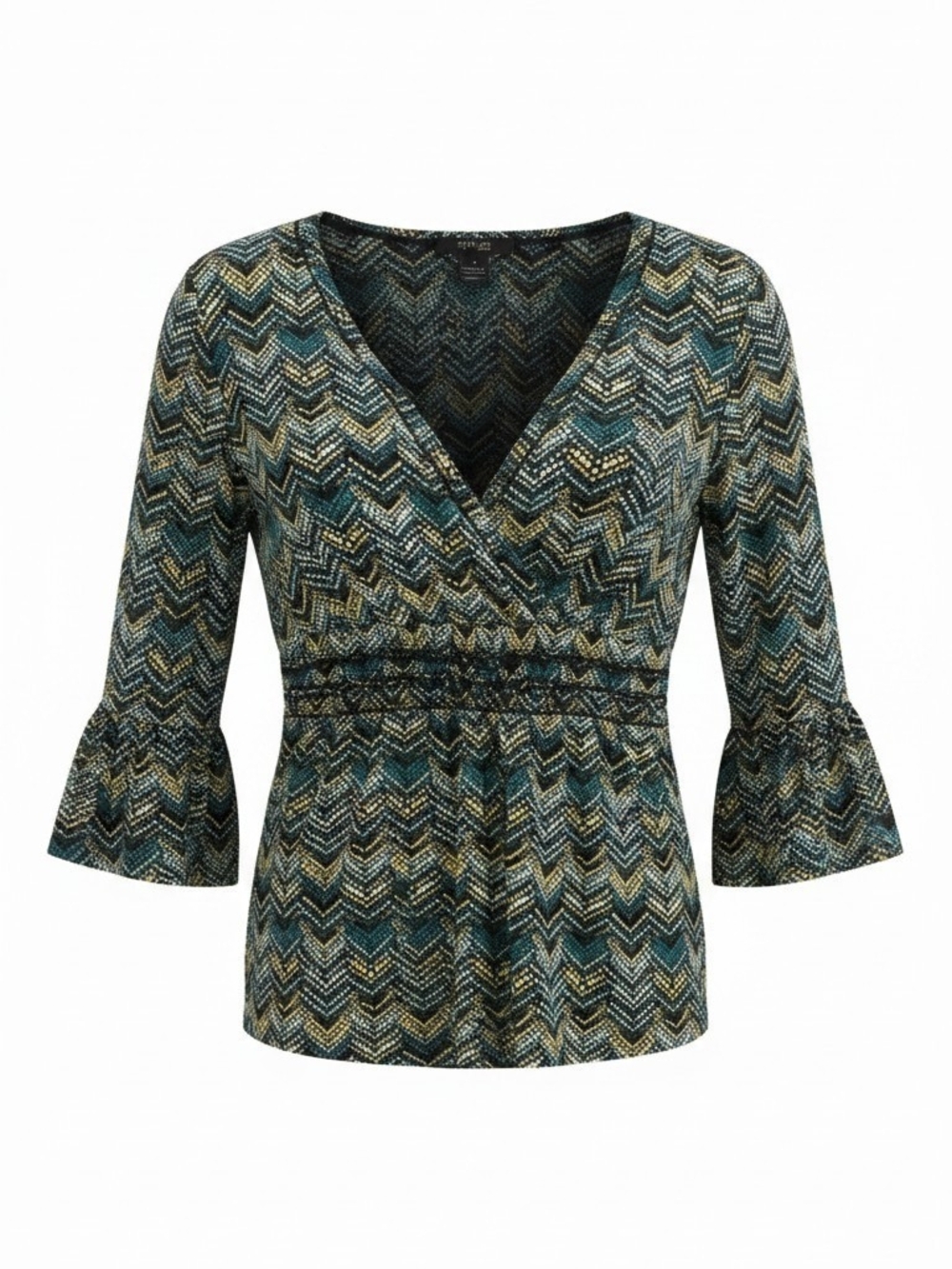 Style & Co. Women’s Chevron Wrap V-Neck Blouse Black Green Yellow Bell Sleeves M